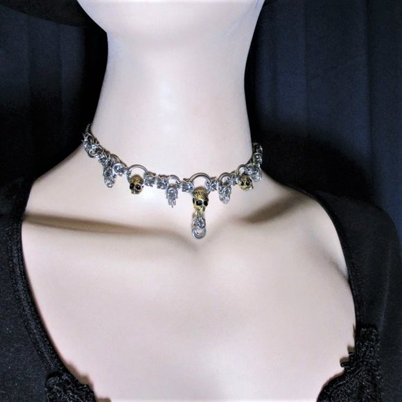 Gold Skulls Rose Silver Chain Maille Link Choker Boot Chain Rocker Goth Punk Fun - Picture 3 of 10